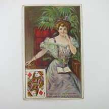Postcard Queen of Diamonds Playing Card Lady in Purple Dress &amp; Book Anti... - £7.82 GBP