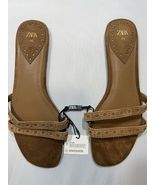 Zara Women Suede Leather Flat Sandals Boho Slide Mule Tan Brown EUR 40 U... - $49.49