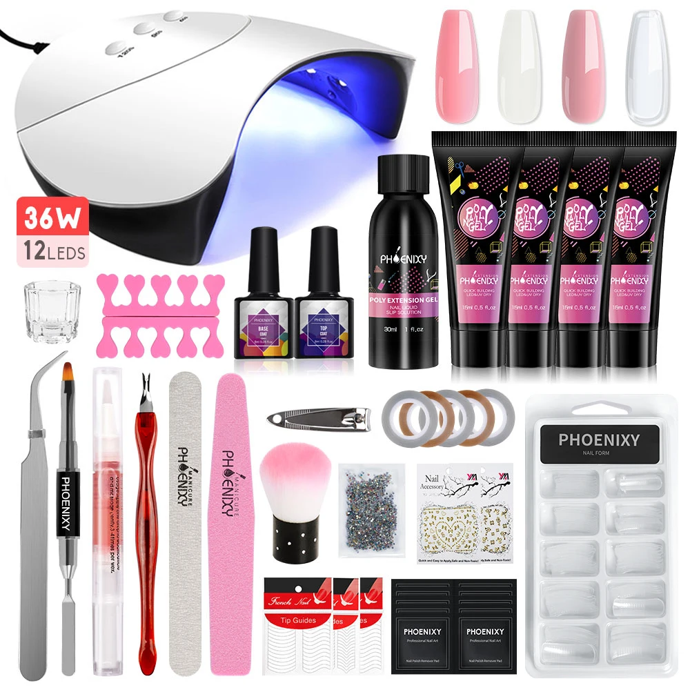 Manicure Set With Lamp Poly Nail Gel Kit Semi Permanent UV Gel Varnish With Nail - £16.66 GBP+