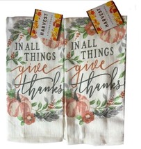 Pink Pumpkins Thanksgiving Dish Towels Set of 2 In All Things Give Thanks Cotton - £19.07 GBP
