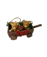 Vintage Christmas Ornament Teddy Bears in Wooden Wagon Red Bow Holiday D... - $9.64