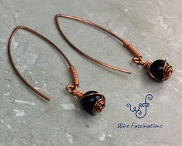 Handmade copper earrings: large leaf hoops wire wrapped blue goldstone d... - $25.00