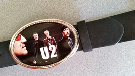 U2 Rock  Epoxy PHOTO MUSIC BELT BUCKLE &amp; Black Bonded Leather Belt - £19.36 GBP
