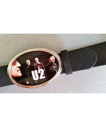 U2 Rock  Epoxy PHOTO MUSIC BELT BUCKLE &amp; Black Bonded Leather Belt - £19.43 GBP