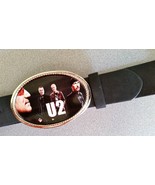 U2 Rock  Epoxy PHOTO MUSIC BELT BUCKLE &amp; Black Bonded Leather Belt - $24.70