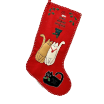 Handcrafted Felt Christmas Stocking Cats Holly Berries Embroidered 18&quot; New - £12.45 GBP