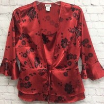 Kim Rogers Signatures Womens Blouse Red Black Floral Stretch Ruffle Tie Waist M - £12.44 GBP
