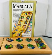 Folding Wooden Mancala Game with Blue Stones and Instructions - £9.24 GBP