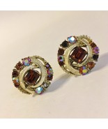 Caro Clip-on Earrings Amber Brown Rhinestones Silver Tone Metal Vintage  - £19.98 GBP