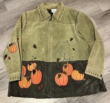 Quacker Factory Leather Suede Green Fall Pumpkin Full Zip Jacket Size 2X - £25.70 GBP