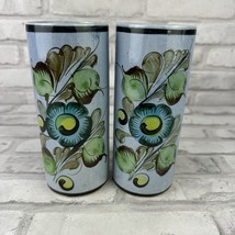 Mexican Pottery Vase Blue Flower Floral Butterfly 6.75&quot; Tumbler Cup Set ... - $17.26
