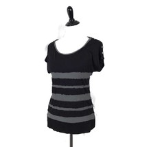 Pedro Del Hierro Black Blouse Textured Gray Striped Short Sleeve Women&#39;s Size M - £15.56 GBP