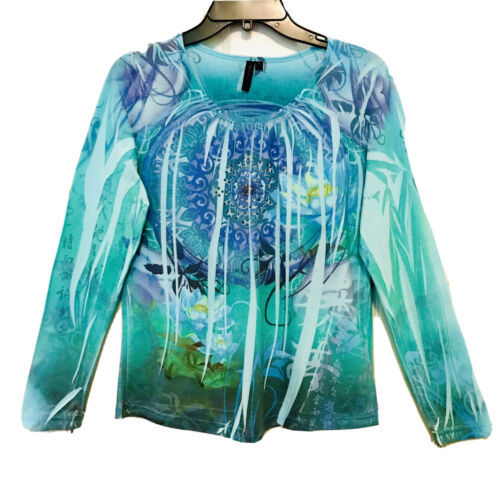 Susan Lawrence Womens S Beaded Boho Medallion Floral Watercolor Long Sle... - $12.95