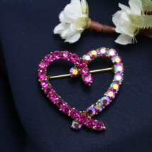 Rhinestone Pink Topaz Heart Brooch Pin, Crystal Valentine&#39;s day Heart Jewelry  - £14.41 GBP