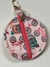 Round Cream w Bikes Bicycles Fabric Zippered Coin Purse Key Chain Backpa... - $8.59