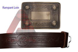 Highland Traditional Brown Leather Rampant Lion Embossed Kilt Belt &amp; Belt Buckle - $39.00+