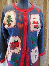 Tiara Int Cardigan Ugly Christmas Sweater Sz L Blue Cotton ramie covered... - $19.79