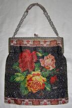 VINT. LATE 1930’s BEADED HANDBAG- MICRO-MINI BEADS - ROSES ON METALIC BL... - $34.65