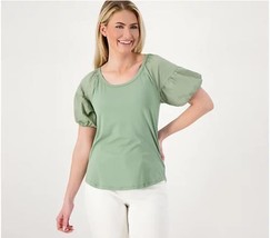 Candace Cameron Bure Mixed Media Puff Sleeve Top (Sage, Small) A570768 - $14.93