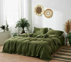 Olive Green Stonewashed Cotton Duvet Cover King Queen Single Size Reversible Sof - £47.63 GBP+