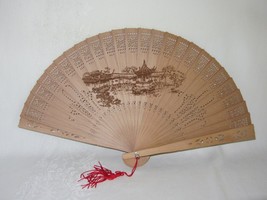 Vintage Asian Chinese Folding Hand Fan Pierced Sandal Wood Brown Ink Red Tassel - £31.15 GBP