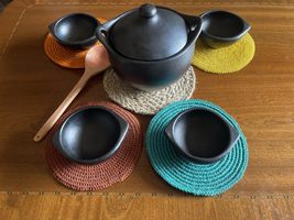 Set of Unglazed Clay Cooking Pot 4L with 4 Handmade Soup Bowls  Natural Earthen - $166.60