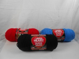 Red Heart Super Saver Yarn Lot Of 3 black blue cheery red - £11.25 GBP