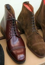 NEW-MEN Handmade Boots Men Burgundy Cowhide &amp; Brown Suede High Ankle Boots - £111.12 GBP+