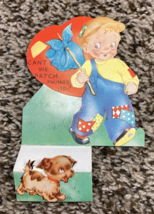Vintage Valentines Day Card Hobo Boy w Knapsack Dog Can't We Patch Thing... - $5.99