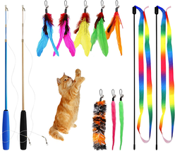 12PCS Interactive Kitten Toys, Retractable Indoor Cat Wand Toys with Replacement - £10.46 GBP