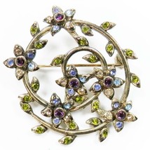 Monet Blue Green Flowers Vine Brooch Pin Round Floral Silver Tone Forget... - £11.94 GBP