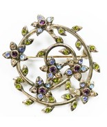 Monet Blue Green Flowers Vine Brooch Pin Round Floral Silver Tone Forget... - £11.78 GBP