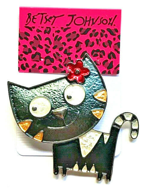 Betsey Johnson Large Gray Enamel Happy Cat Flower Brooch Pin - $6.99