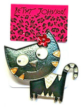 Betsey Johnson Large Gray Enamel Smiling Happy Cat Flower Brooch Pin  - £4.82 GBP