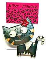 Betsey Johnson Large Gray Enamel Happy Cat Flower Brooch Pin - £5.45 GBP