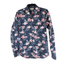 Zara Man Mens Button Down Hawaiian Shirt Slim Fit Long Sleeve Floral Blu... - $14.49