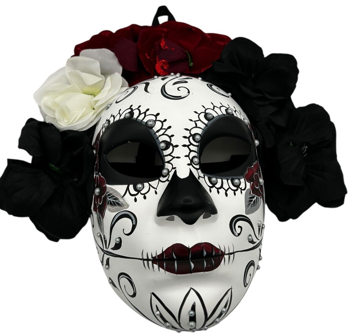 Dia De Los Muertos polyresin painted/bejeweled sugar skull mask w/ flower crown Item image 2