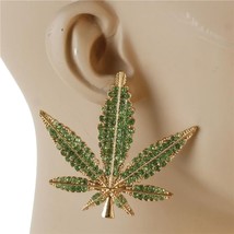 Green Gold Rhinestone Weed Stud Dangle Earrings 2.5&quot; Crystal Cannabis Leaf - $33.66