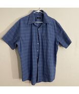 Van Heusen Button Down Short Sleeve Shirt Air Force Blue Square/Plaid Pa... - €12,86 EUR
