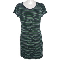 Pixley Women&#39;s T Shirt Dress S Green Black Striped Ruched Stretch Short ... - £11.69 GBP