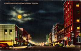 Vtg Postcard Washington Street at Night, Moonlight, Parked Cars, Albany, GA - £6.17 GBP