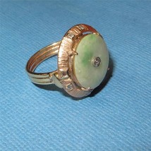 Vintage 14K Gold Jadeite Jade and Diamond Ring Rounded Disc Heaven Good Fortune - £518.43 GBP