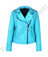 Women&#39;s Blue Leather Biker Jacket with Black Studs – Moto Style, Zipper - $1,863.81 MXN+
