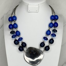 Chico&#39;s Chunky Blue Beaded Double Strand Silver Tone Necklace - £15.57 GBP