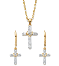 DIAMOND ACCENT 14K GOLD GP CROSS EARRINGS NECKLACE SET - $159.99