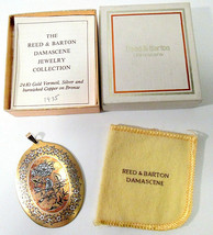 Vtg Reed &amp; Barton Damascene Oval Pendant Bird Flower Signed w Box Paperwork Bag - $45.99