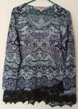 One World blouse women size 2X long sleeves blue with lace trim - $9.85