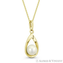 6mm Freshwater Pearl Open-Design Tear-Drop Real 14k Yellow Gold Necklace Pendant - £53.12 GBP+