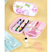 Sewing Kit Pink Rose Zippered Pouch Shears Thread Buttons Safety Pin Flo... - £19.42 GBP