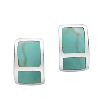 Mini Chic Sterling Silver Rectangle Frame w/ Green Turquoise Inlay Earrings - £10.25 GBP